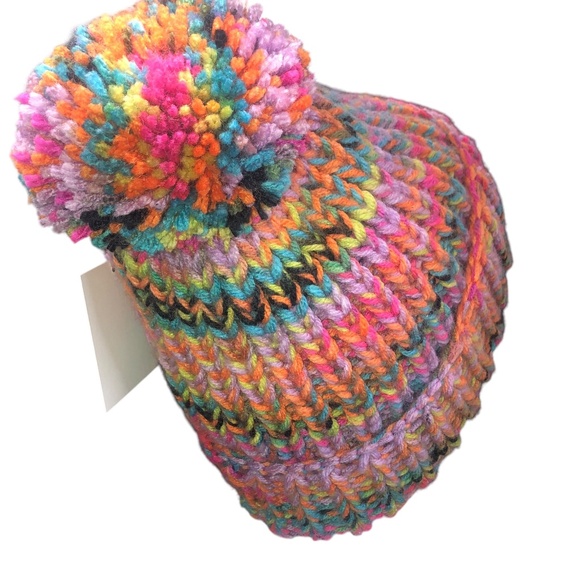 Pink Rainbow Bright Multi Color Double Strand Chunky Beanie with Pom Pom main image 9